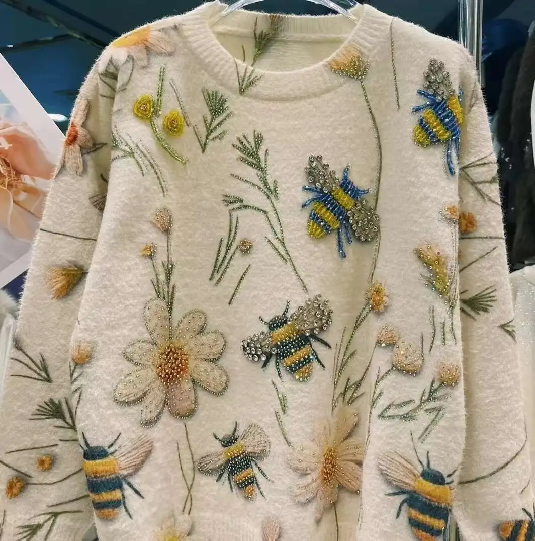 الاتجاه الجديد الصناعة الثقيلة ضياء Y2K سترة للنساء الخريف الشتاء فضفاضة عادية الجولة الرقبة بلوفر مغزول لاعبا #2