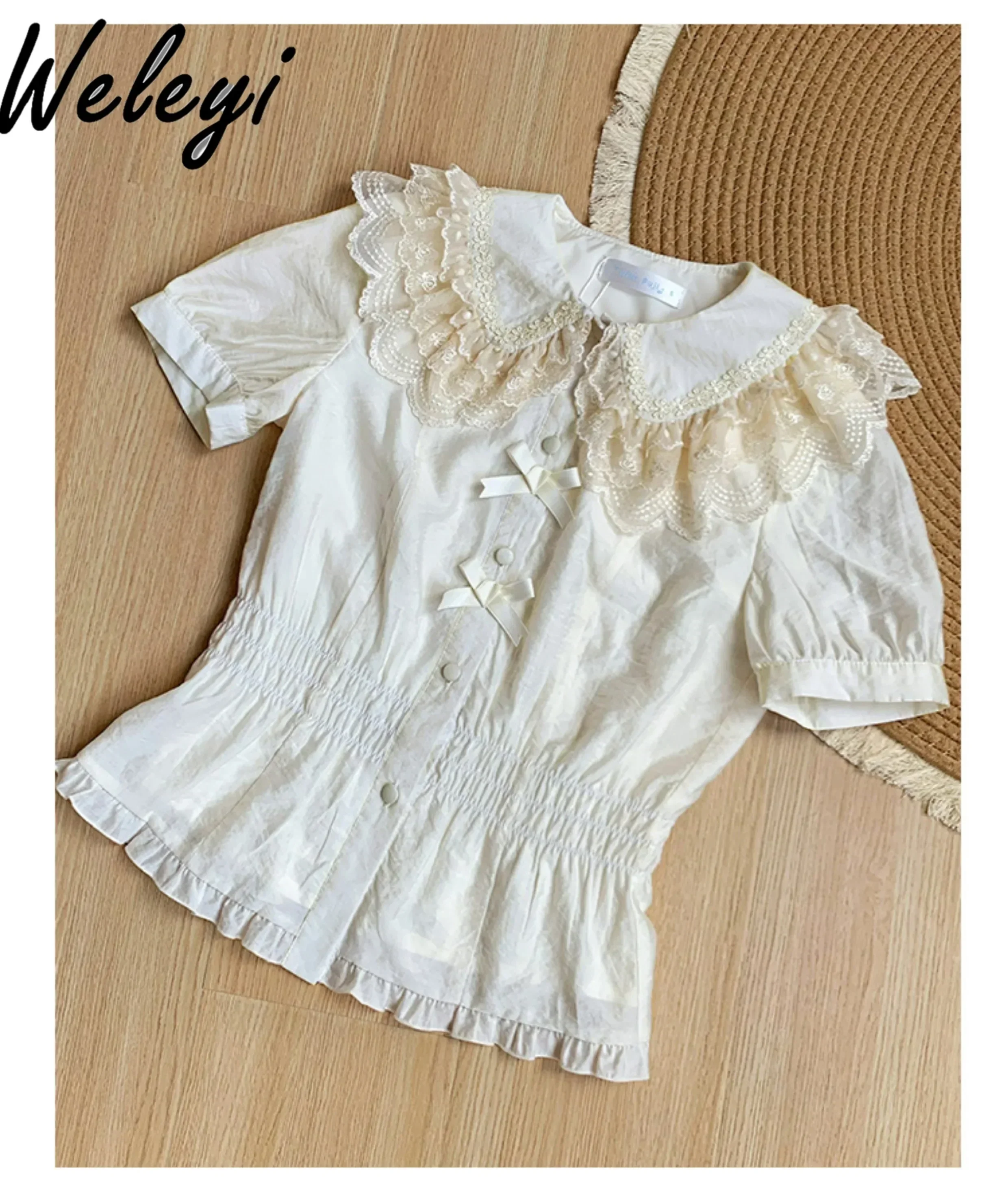 Original Lolita Sweet Bow Inner Shirt Ladies Jiraii Kei 2024 Summer Cute Pure Color Doll Collar Short Puff Sleeve Blouse Women