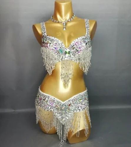 Traje de danza del vientre de cristal con cuentas de alta calidad para mujer, conjunto de barra + cinturón, trajes de danza del vientre femeninos sexys