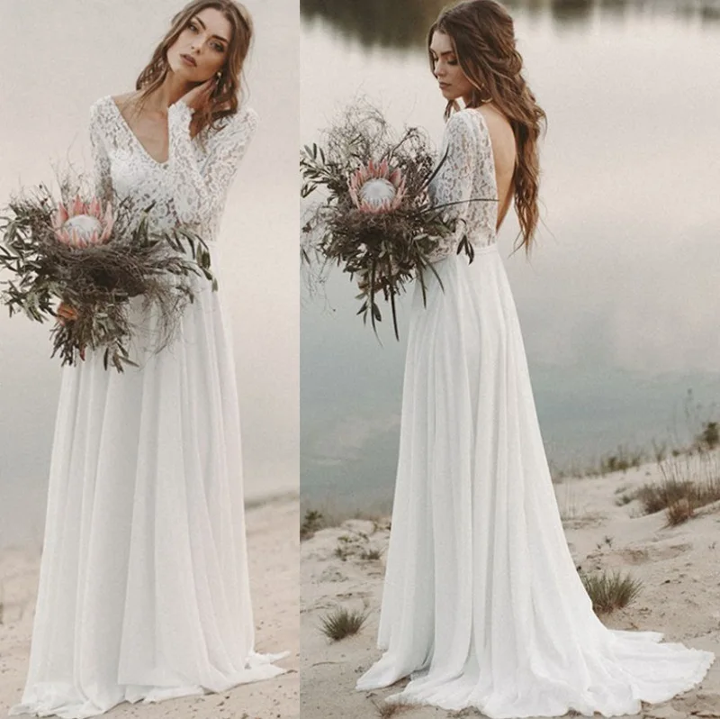 

VENSANAC Boho Chiffon A Line Sweep Train Wedding Dress Appliques V Neck Long Sleeve Backless Lace Bridal Gowns