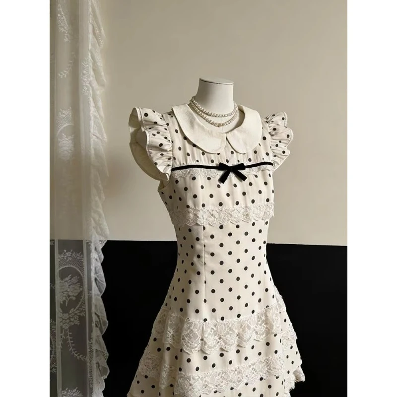 Women High Waist Polka Dot Dress Peter Pan Collar Lace Ruffle Bow Detail Preppy Vintage Dress