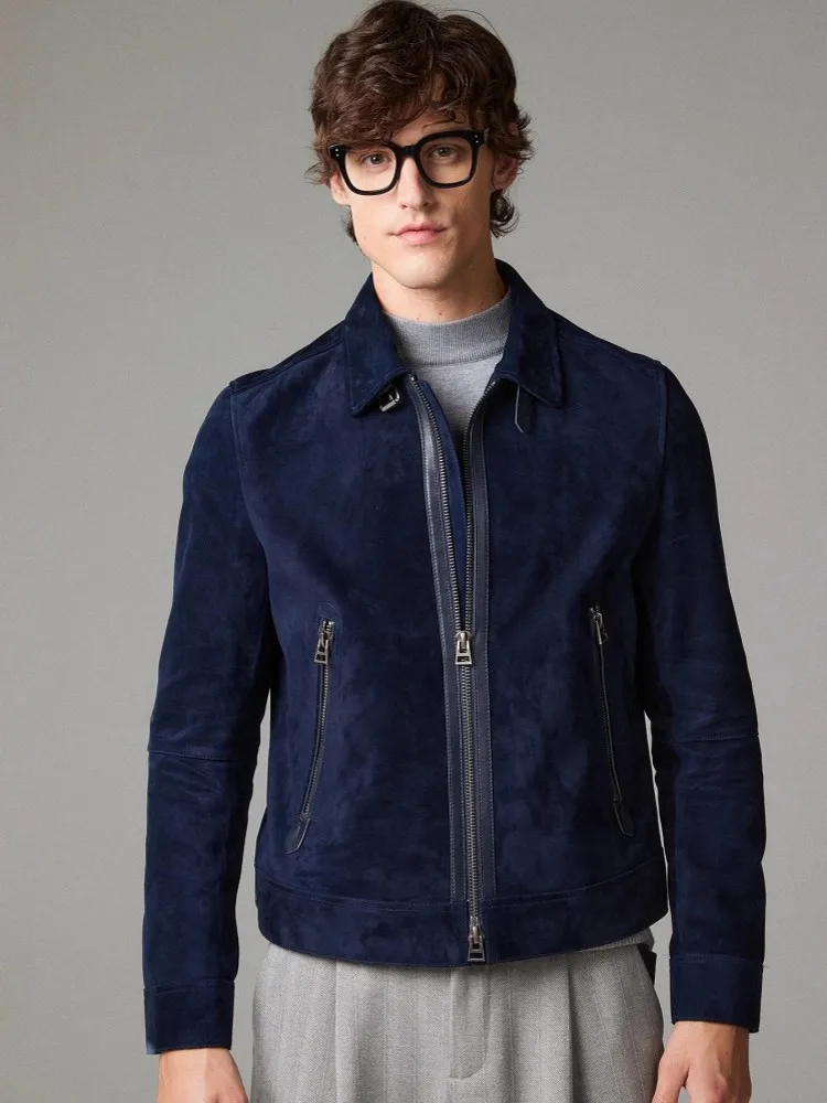 Male Genuine Suede Jackets Slim Fit Zipper Turndown Collar Short Coat Natural Suede Biker Autumn Fashion Luxury Youthful Style