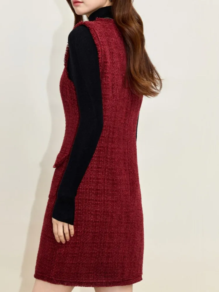 Elegant Sleeveless Tweed Dress for Women Featuring A Square Neckline Autumn and Winter Combining Chic  High Street Office Wear