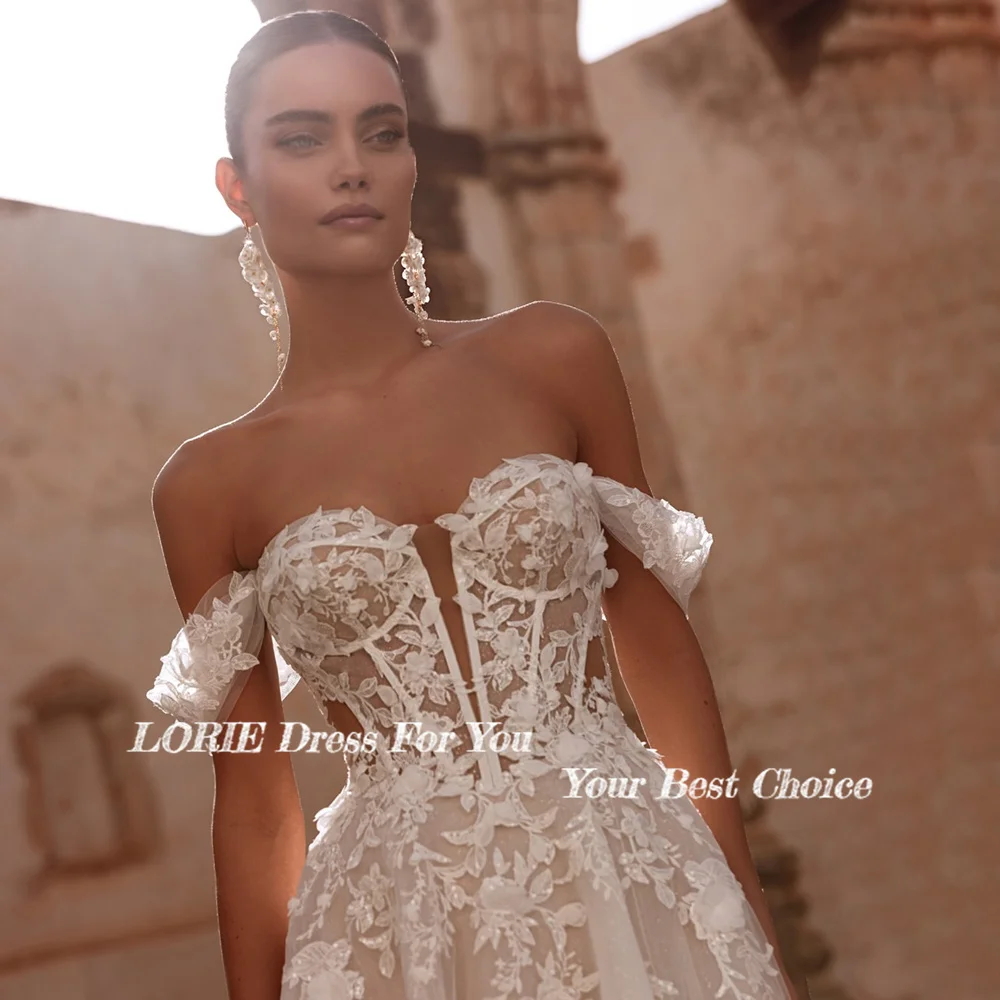 LORIE فساتين زفاف الشاطئ الدانتيل قبالة الكتف ثلاثية الأبعاد الزهور فستان العروس زين الأميرة فستان الزفاف vestidos de novia مخصص