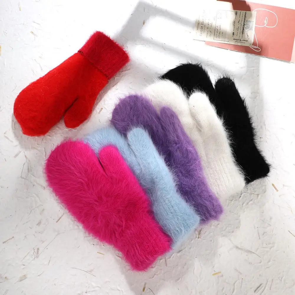 

1 Pairs Plush Warm Cold-proof Gloves Soft Full Fingers Mittens Solid Color Rabbit Fur Gloves Outdoor Windproof Fluffy Gloves