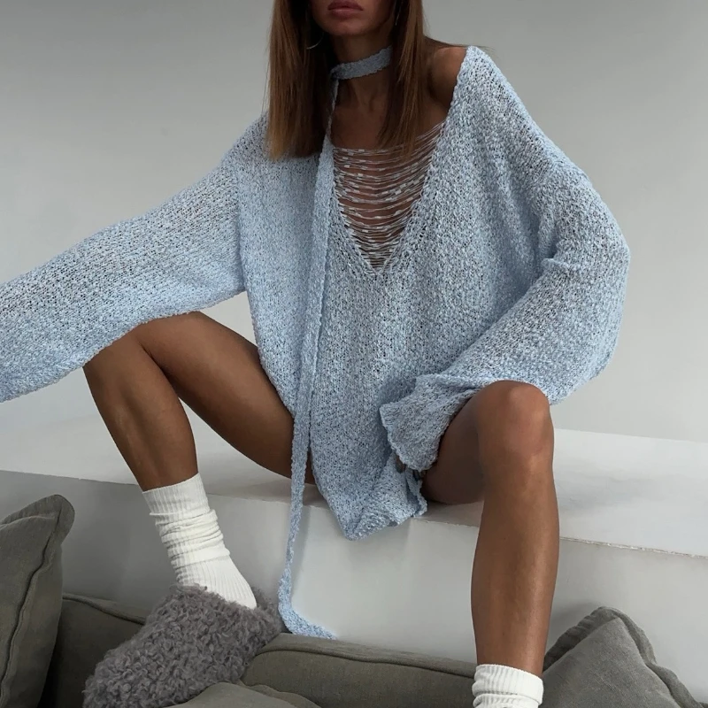 

Y2K U Neck Hollow Tassel Women Knit Pullover Sweater Ribbon Long Sleeve Casual Solid Scarf Europe American Jumper Loose Oversize