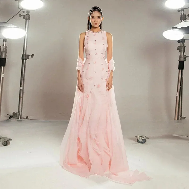 

JDY Custom Fashion Pink O-Neck Formal Evening Gown 3D Floral Beaded Mermaid Tiered Ruffled Ball Gown فساتين سهرات