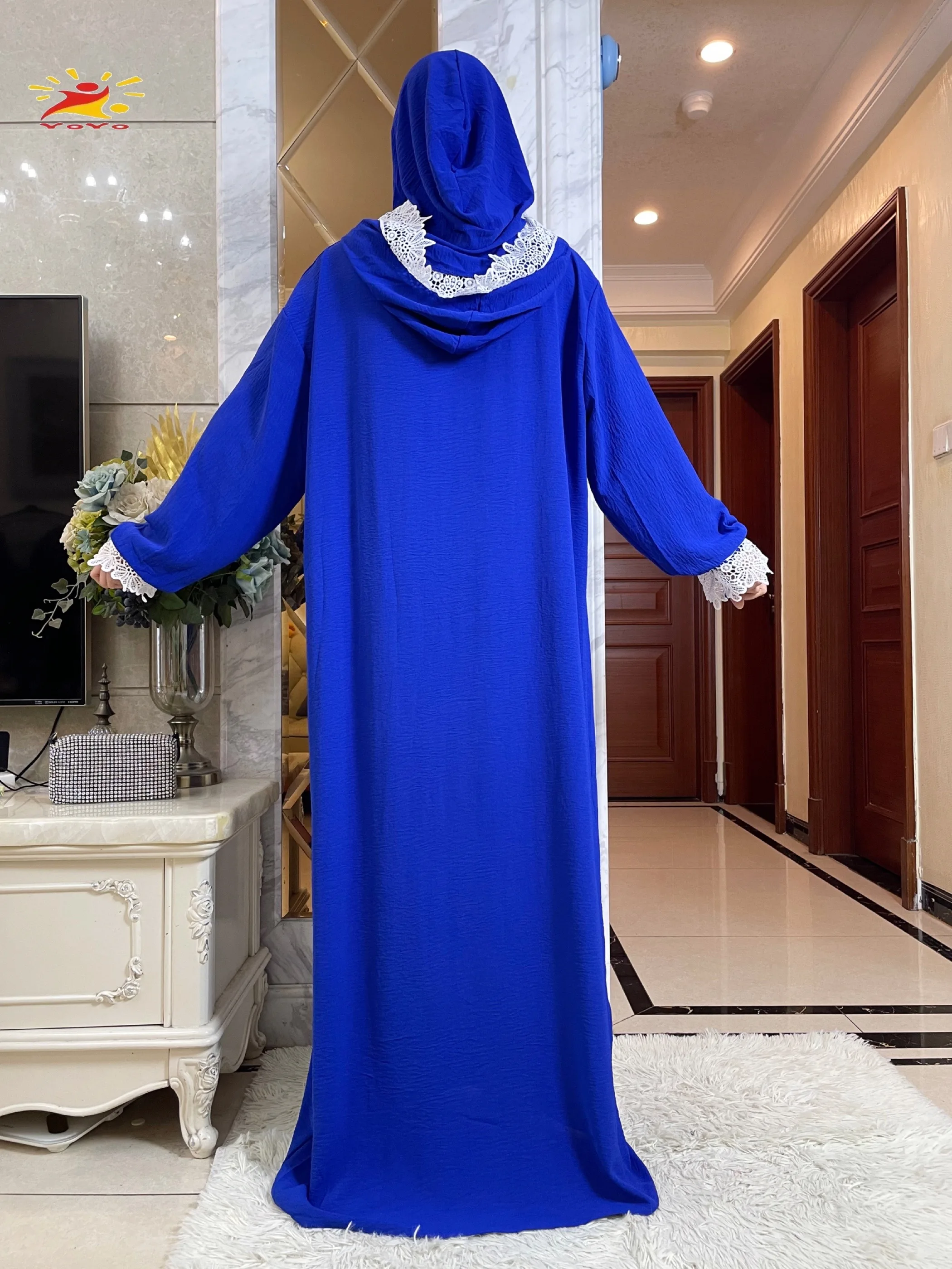 Muslim Two Lace Hats Dress Vestidos Eid Mubarek Abaya Women Fashion Long Robe Islamic Clothing Ice Silk Zou Fabric Long Sleeve