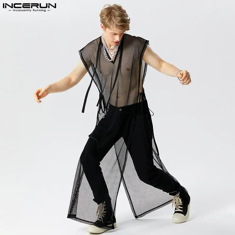 INCERUN Men Tank Tops Mesh Transparent V Neck Sleeveless Lace Up Long Style Vests Streetwear 2023 Fashion Men Clothing S-5XL