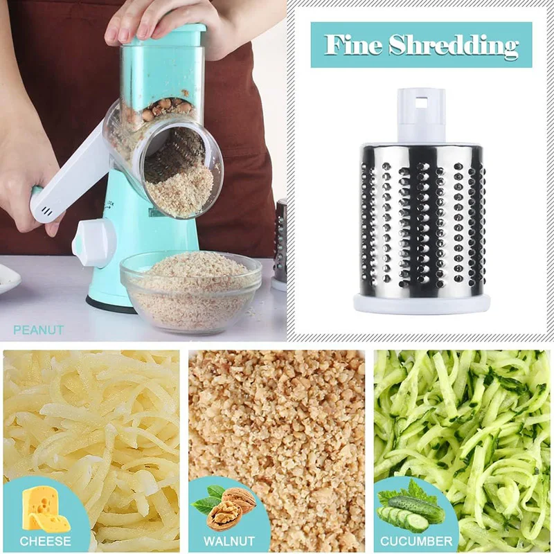 Rotary Cheese Grater Shredder, Speed Kitchen Manual Round Mandolin Slicer Grinder for Vegetable, Nut with 3 Drum Blades, Blue