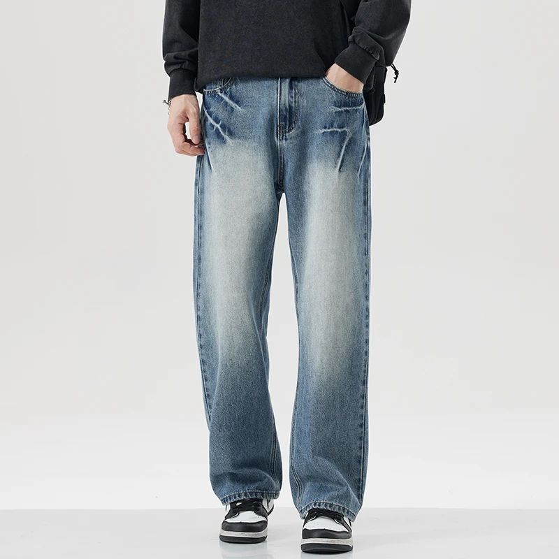 

Streetwear Men's Bleached Jeans Straight Baggy Hip-hop Personality Vintage Trousers Distressed Korean Denim Pants Male
