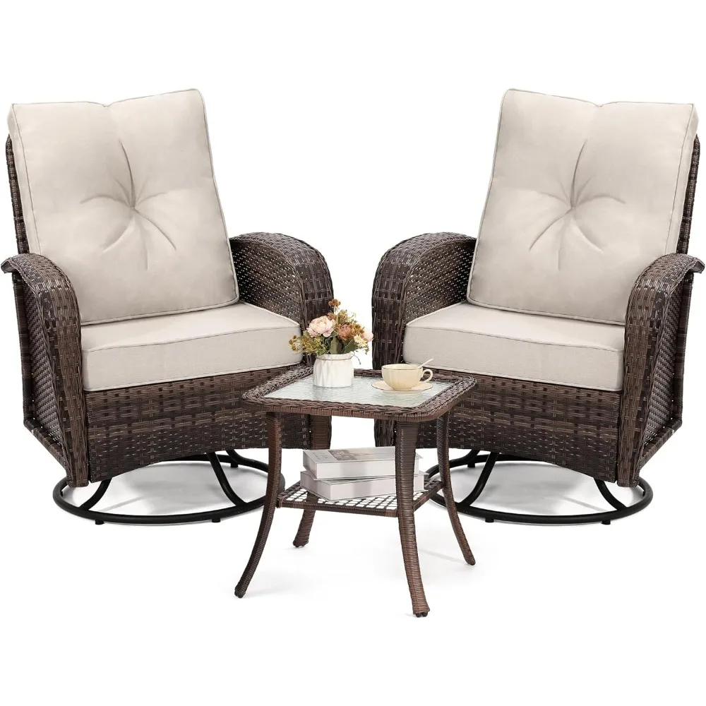 

2 Luxury Outdoor Swivel Wicker Glider Patio Chairs with Table Set, Overstuffed Washable Cushions, Ideal for Porch, Balcony, Deck