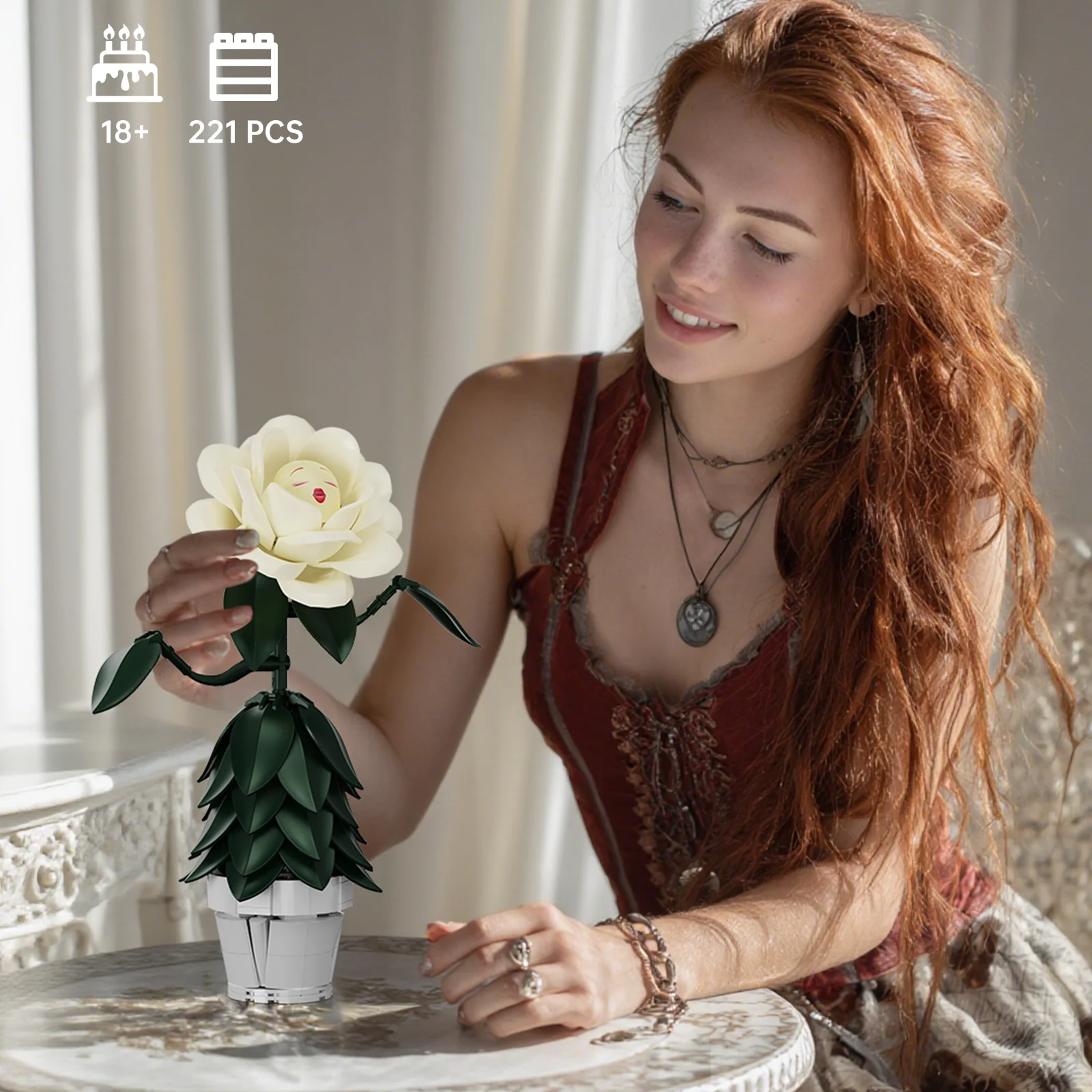 

Набор строительных блоков «Белая роза из Страны чудес»: Модель растения для чаепития Шляпника, игрушки, подарки на День святого Валентина для женщин