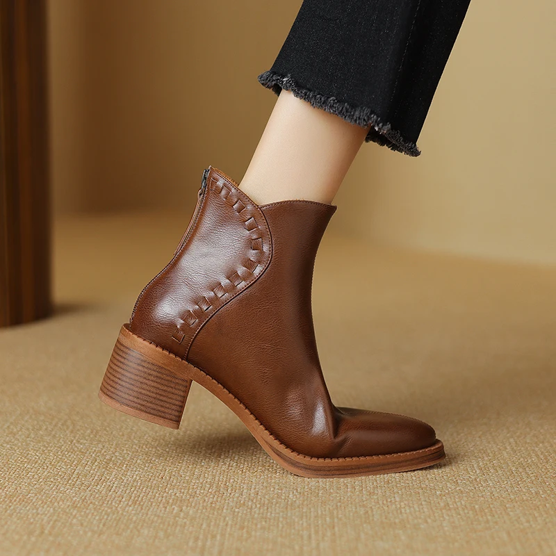 2024 New Women Ankle Boots Autumn Winter Thick High Heels Pointed Toe Mature Office Lady Side Zipper Shoes Woman Retro Style