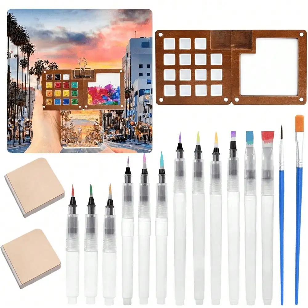 

Набор из 17 предметов: карманный мини-набор акварельных красок, деревянная палитра, мини-блоки для акварели и кисти.