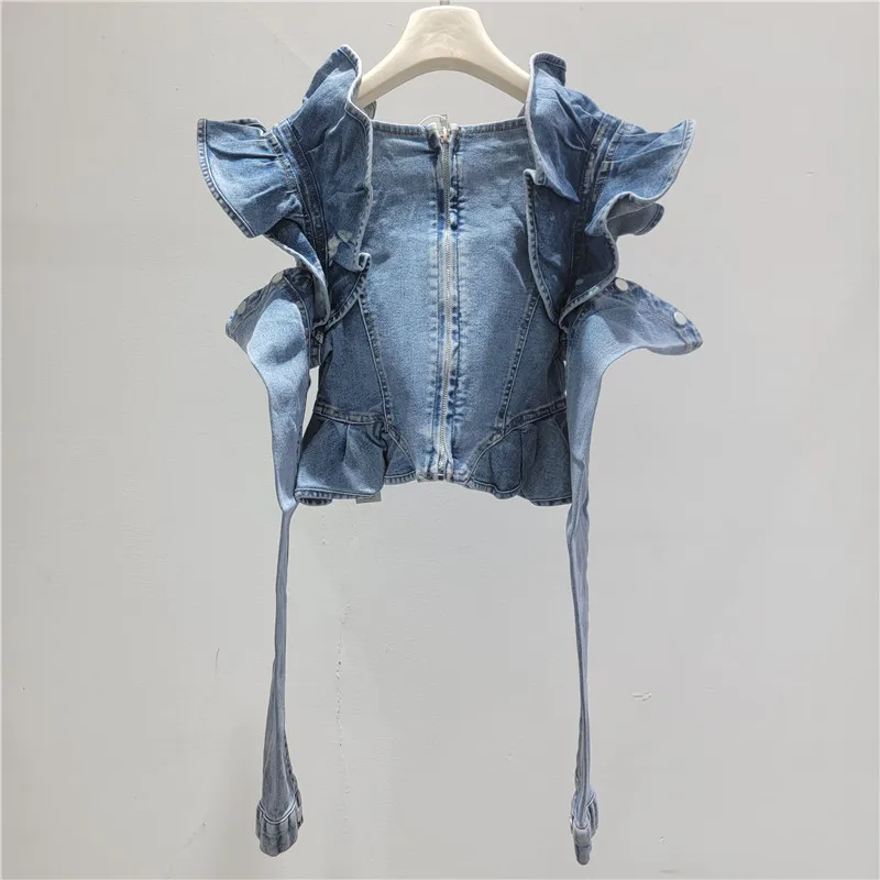 HKSH Women Chic Short Denim Top Three-dimensional Ruffled Split Long Sleeves Slim Fit Retro Sweet Tees New Spring Summer HK20429