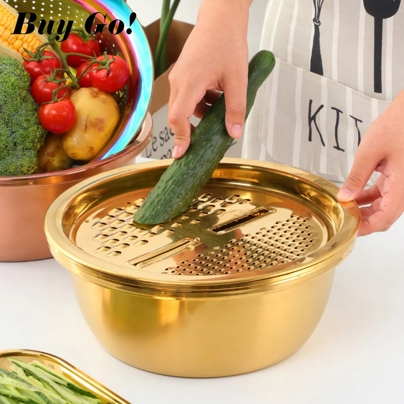 3PCS/Set Stainless Steel Gold Vegetable Slicer Potato Peeler Round Bowl Strainer Basket Set Kitchen Utensils Carrot Onion Grater