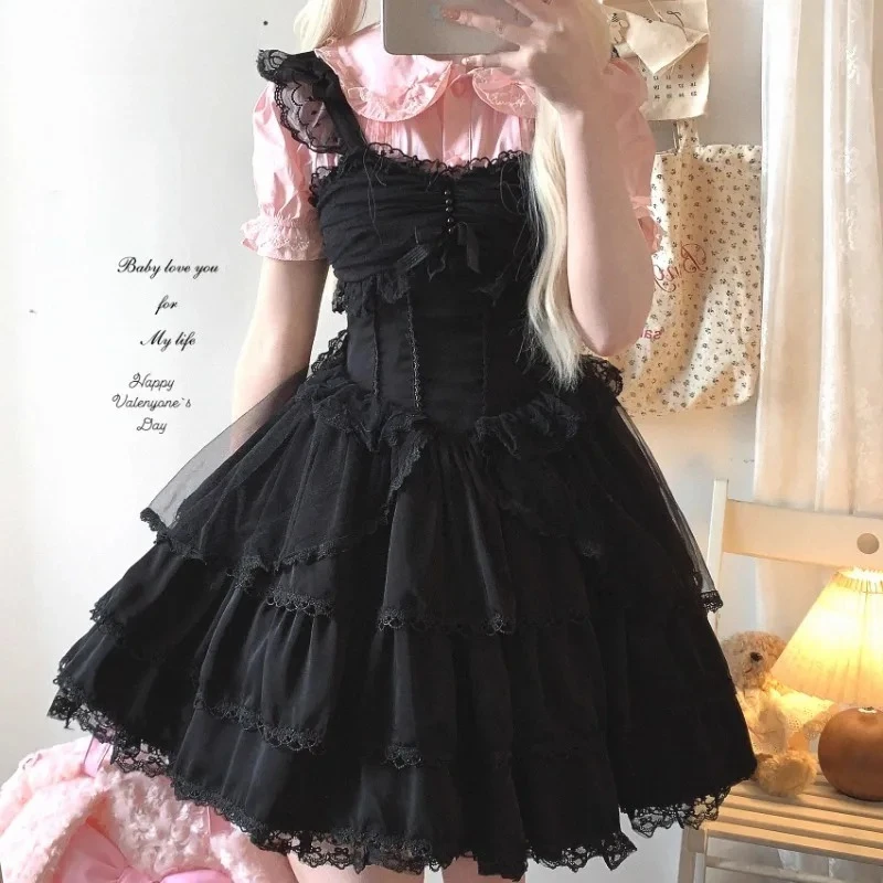 Cintura alta emagrecimento emenda polka dot malha sem mangas vestido de verão doce bonito meninas arco em camadas bolo lolita vestidos curtos