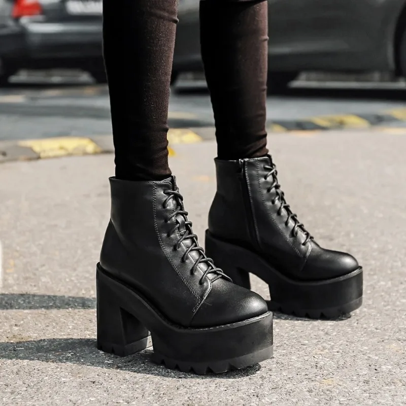 Platform Black Ankle Boots Women Thick Bottom 10CM High Heels Punk Gothic Shoes Round Toe Lace Up Side Zipper Short Boot Booties