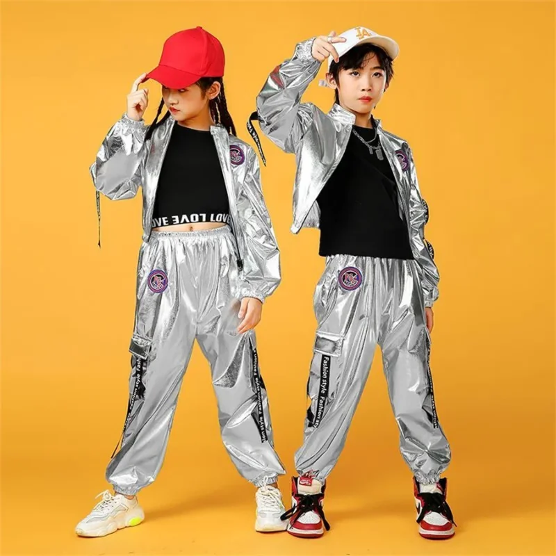 Hip Hop Boys Silver Jacket Girls Jazz Jogger Pants Street Dance Mini Skirt Clothes Sets Kids Sequin Costumes Child Streetwear