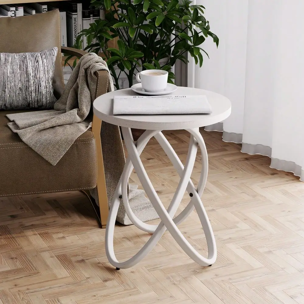 

COZAYH Farmhouse End Table Round Wood Side Table Rustic Plant Stand With Intertwined Line Design For Living Room, Bedroom, Offi