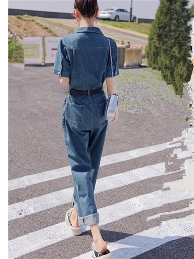 Short Sleeve Straight Denim Jumpsuit Women Clothes Streetwear Trendy Hip Hop Slim One Piece Jeans Pants Overalls Trousers Romper