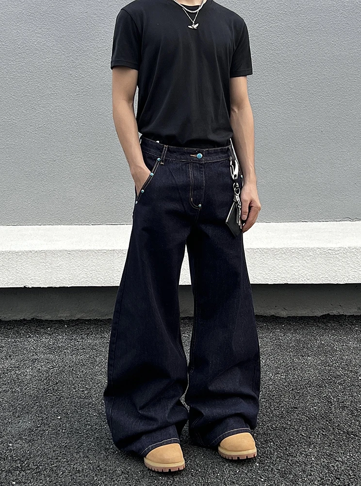 

Мужские джинсы-брюки прямого кроя из ретро-денима сине-бирюзового цвета, повседневные широкие брюки, удобная посадка, классический синий цвет