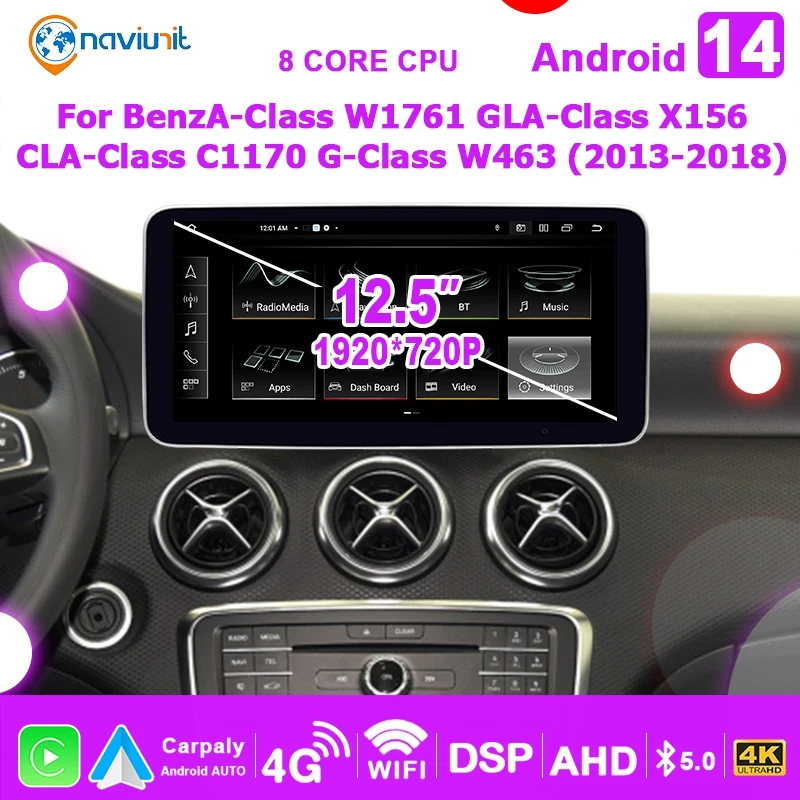 12.5 ''sans fil Carplay Android 14 AUTO autoradio GPS écran pour Benz classe A W176 GLA X156 CLA C117 G W463 2013-2018 multimédia