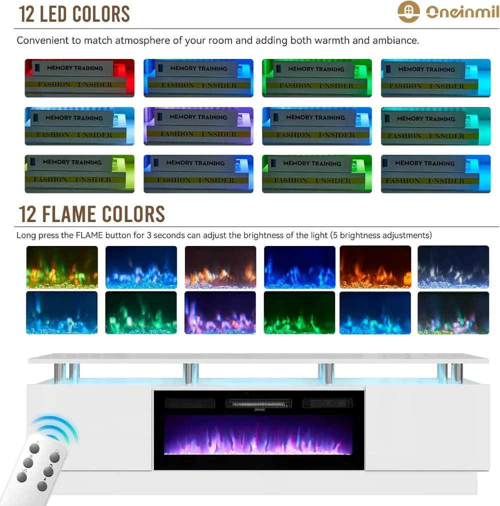 Soporte para TV con chimenea eléctrica moderna de 80" para televisores de hasta 90 pulgadas, con llama electrónica y luces LED