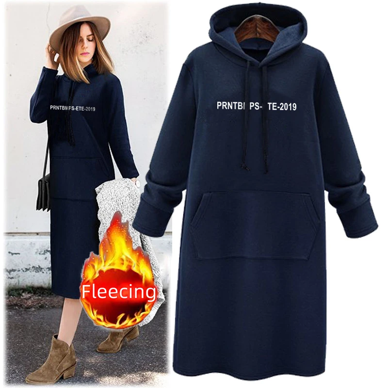 Fleece Hooded Shirt Zip-up Sweatshirt Letter Knee Length Dress Casual Woman Clothes Streetwear Winter Long Sleeve Sportwear Y2K