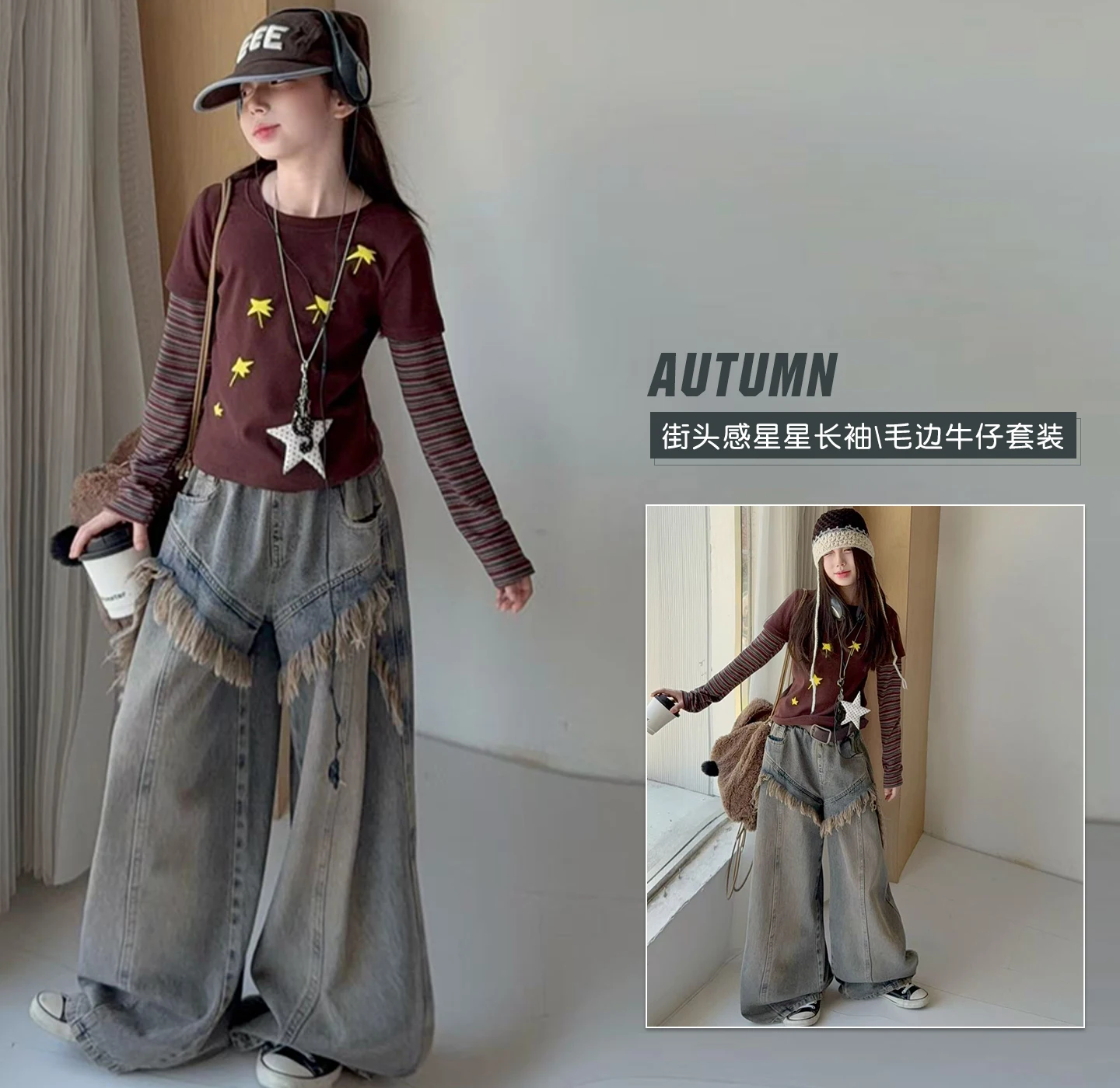 Kids 2-Piece Clothing Set Slim Tee Top And Tassel Jeans Y2K Star Printed Casual Fashion Korean-Japan Style for Tweens 4-14 Years
