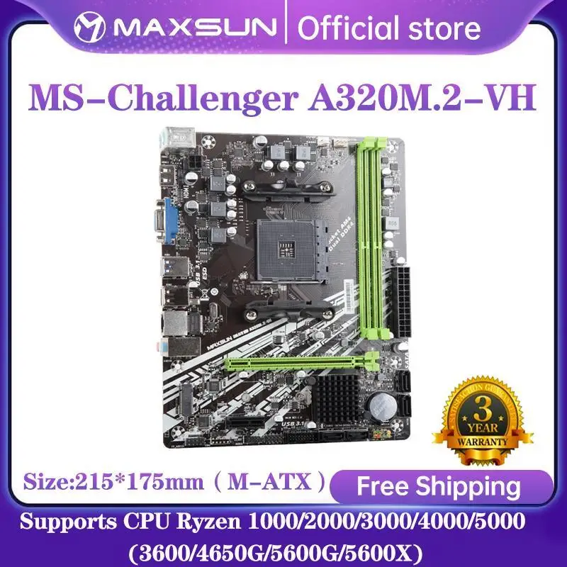 2025 MAXSUN Challenger A320M.2-VH AMD Gaming Motherboard M.2 Sata3 Supports Ryzen 1000-5000 CPU AM4 socket 3600 4650 5600G 5600X