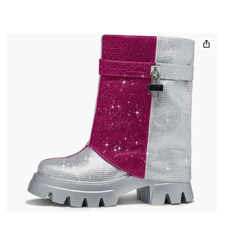 Round Toe Thick-Soled Rhinestone Trouser Boots Lock Side Zipper Color-Block Short Botines Large Size Fashion Catwalk Women Botas