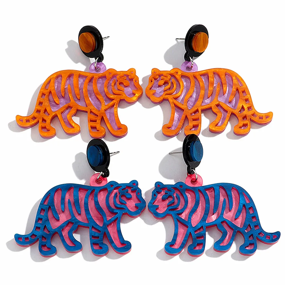 Kreative große Tiere Tiger Anhänger Ohrringe für Frauen gruselige doppelschichtige Acryl bunte Tropfenohrringe 2025, trendiger Schmuck
