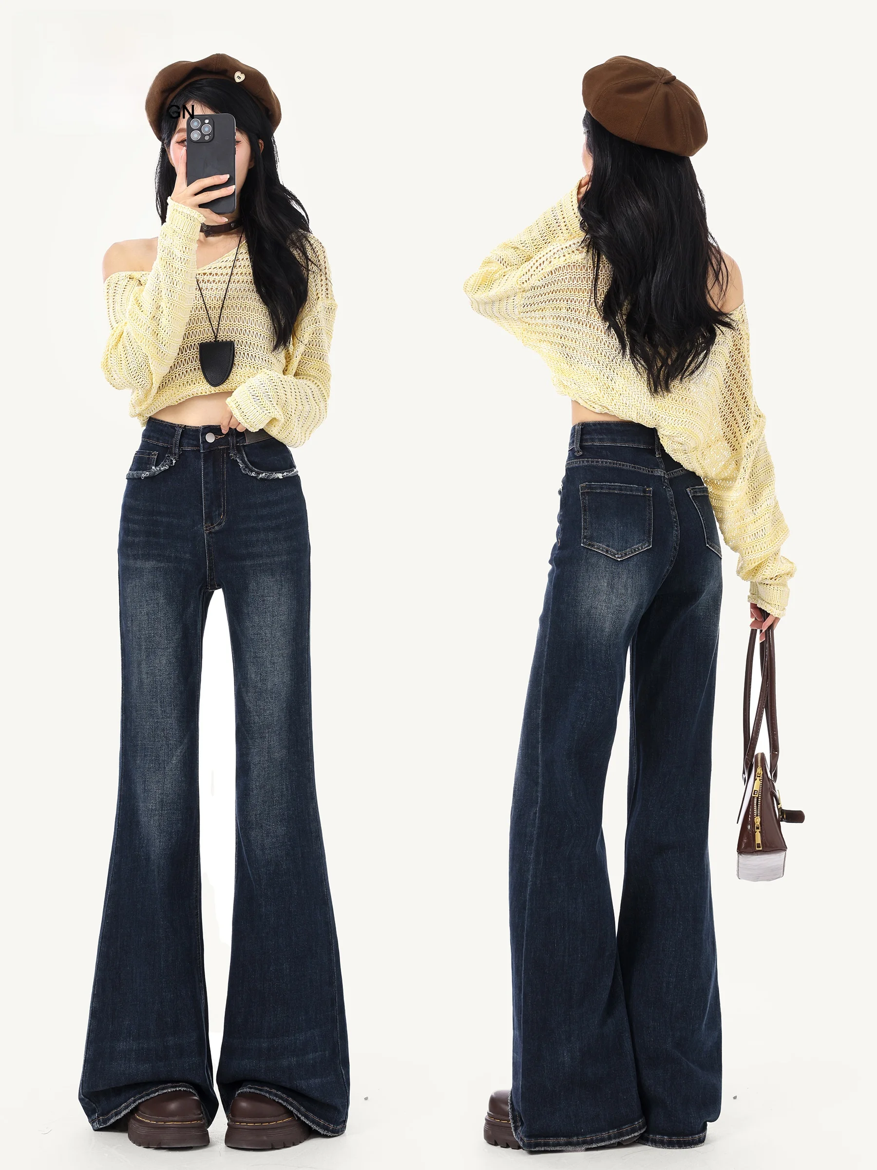 

Джинсы женские с высокой талией в американском ретро-стиле, синие, с эффектом потертости, с карманами, длиной до щиколотки, повседневные, осенняя новинка