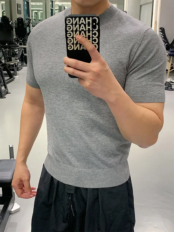

Весенний тонкий вязаный свитер с коротким рукавом для мужчин, летний облегающий спортивный свитер с высоким воротом для повседневной носки