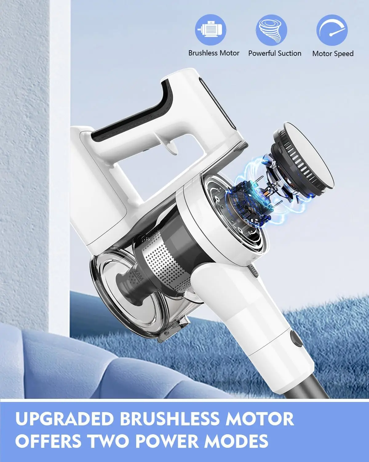 Vacuum Cleaner, 80,000 RPM Motor and Power Filtration, Stick Vacuum with 2200 mAh Battery, 35 Mins Worktime, 2 Modes, R