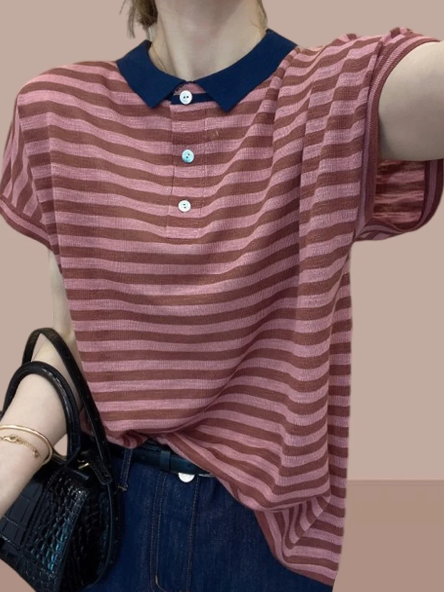 Été nouveau femmes pur coton Ne T-shirt coupe ample mince ort Sve haut rayé Faionable polyvalent coréen Sle