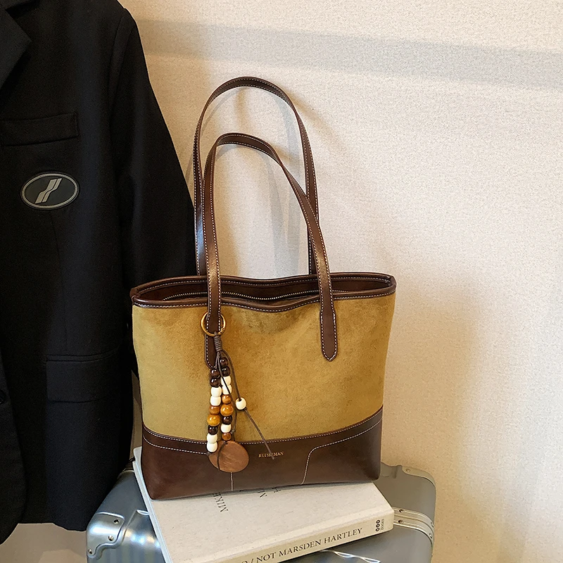 

Retro Faux Suede Zipper Solid Color Shoulder Bags Large Capacity Durable 2026 New Autumn/winter Sewing Thread Handbags