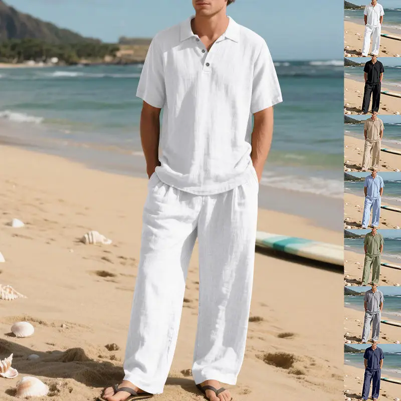 

Loose Men's Linen Casual Shirt And Pants Set Beachwear Summer Autumn American Style plus Size Turn-down Collar Long Trousers