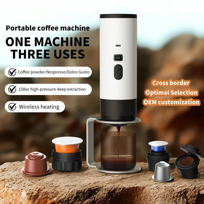 Cafetera Portátil Inalámbrica 3 en 1 para Café Molido/Cápsulas Nespresso/DolceGusto, 15 Bares, 7800 mAh, Pantalla Digital