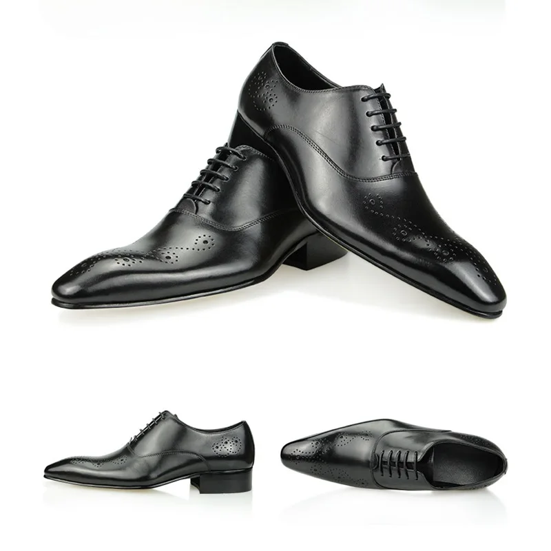 Black Dress Shoes Oxfords for Mens Luxury Business Party Banquet Daily Retro Genuine Leather Shoe Lace-up Handmade Wedding Shoes