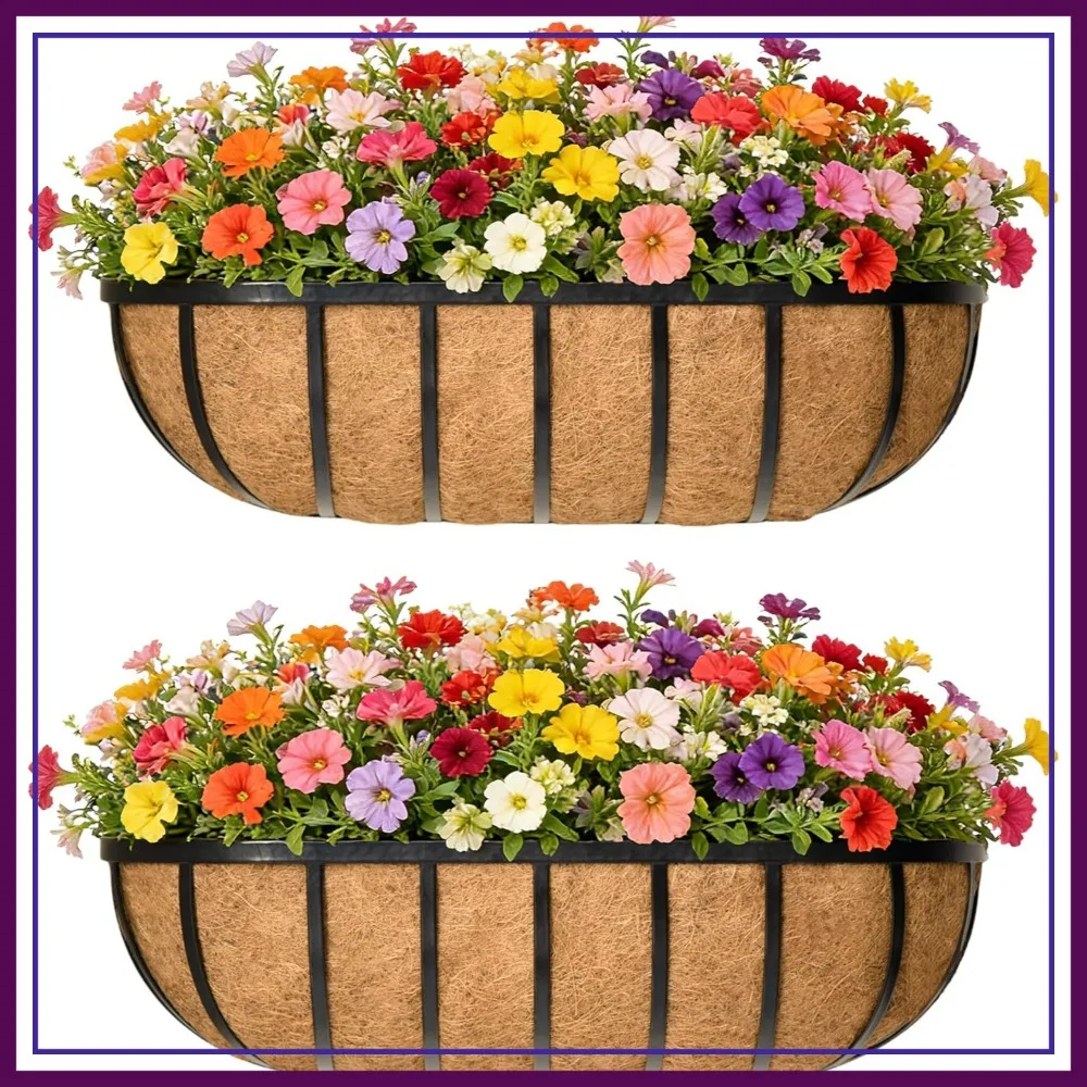

36" Rail Planter Box for Deck Balcony, 2 Pack with Coco Liner, Wall-Mounted Metal Basket for Outdoor Patio Fence