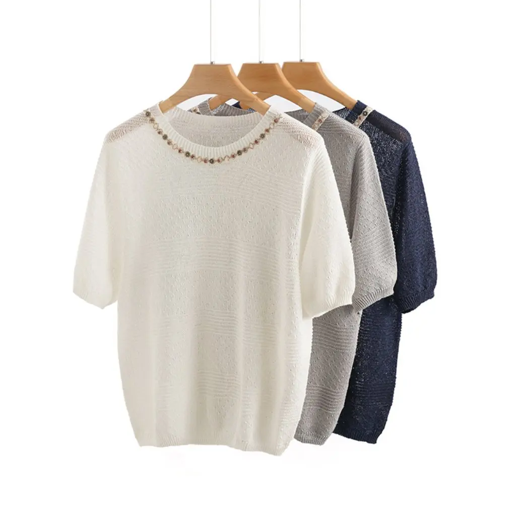 

Rongtai Women's Short-Sleeve Knit Top Silk Blend Beaded Patchwork Fashion Versatile Loose Fit New Style