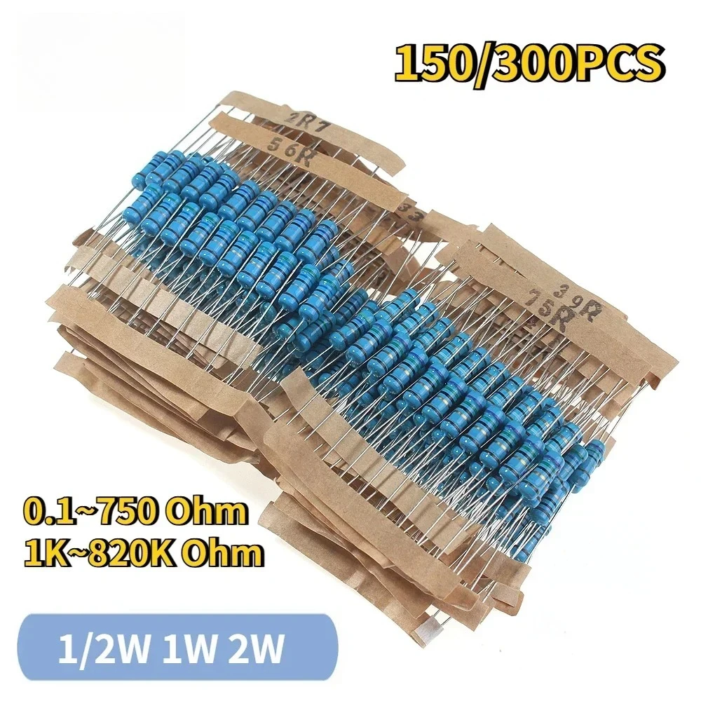 

150/300PCS 1/2W 1W 2W 1% Metal Film Resistor Assortment Kit 30Values 0.1R~750R 1K~820K Ohm Resistance Set of Resistors