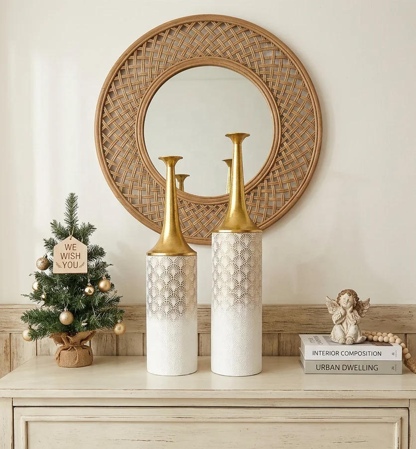 2 sets Handmade Tall Metal Floor Vases, White Gold Gradient with Ginkgo Pattern, Decorative Vases for Pampas Grass