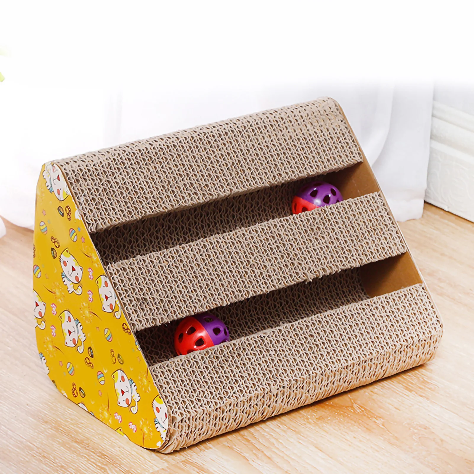 Cat Scratcher Box Wearable Safe Triangular Double Slot Kitten Scratching Toy With Bell Ball For Indoor