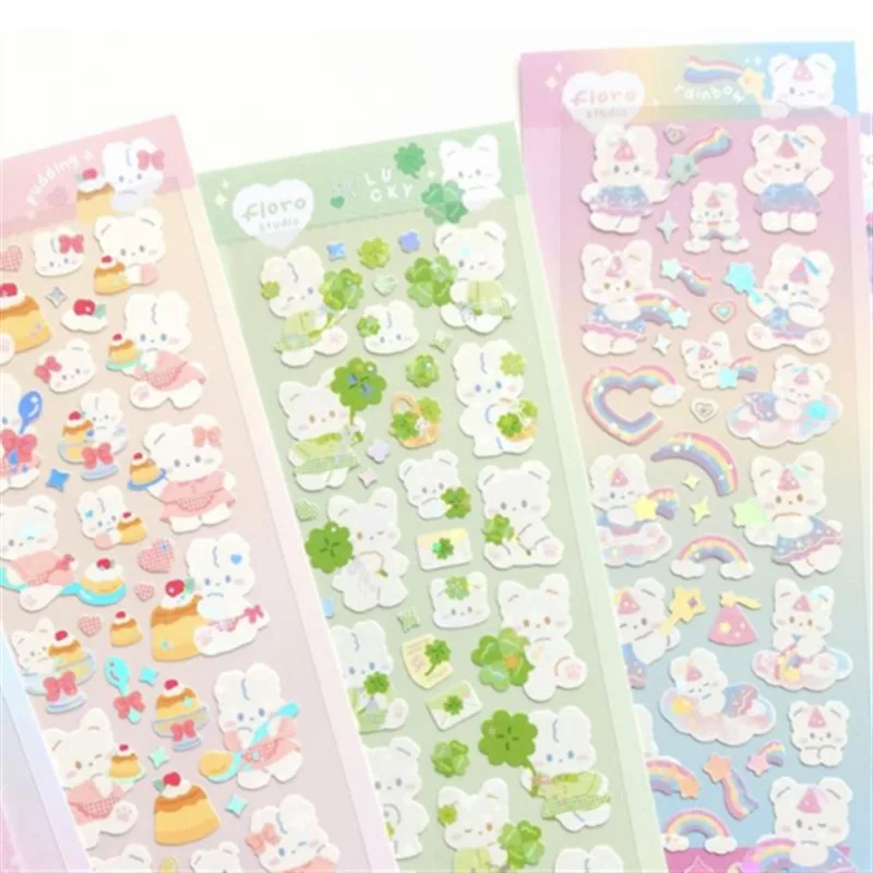 1pc Cartoon Animal DIY Stationery Sticker Kawaii Bling Bunny Rainbow Decor Sticker for Notebook Books Waterproof Decorations