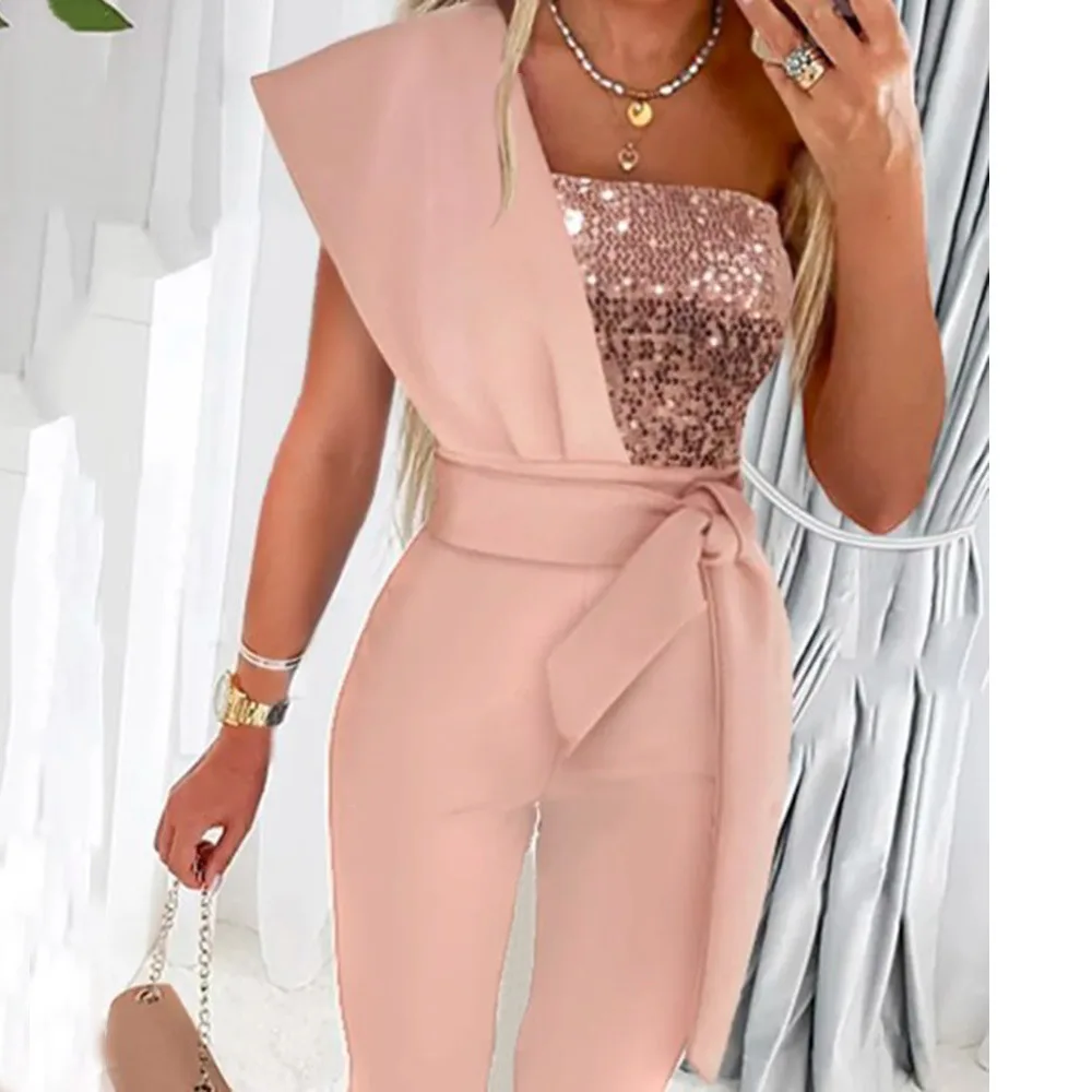 2023 New Elegant Office Women\'s Solid Color Bodysuit Cut-out Design Belt Decoration V-neck Fashion Sequin One-shoulder Bodysuit