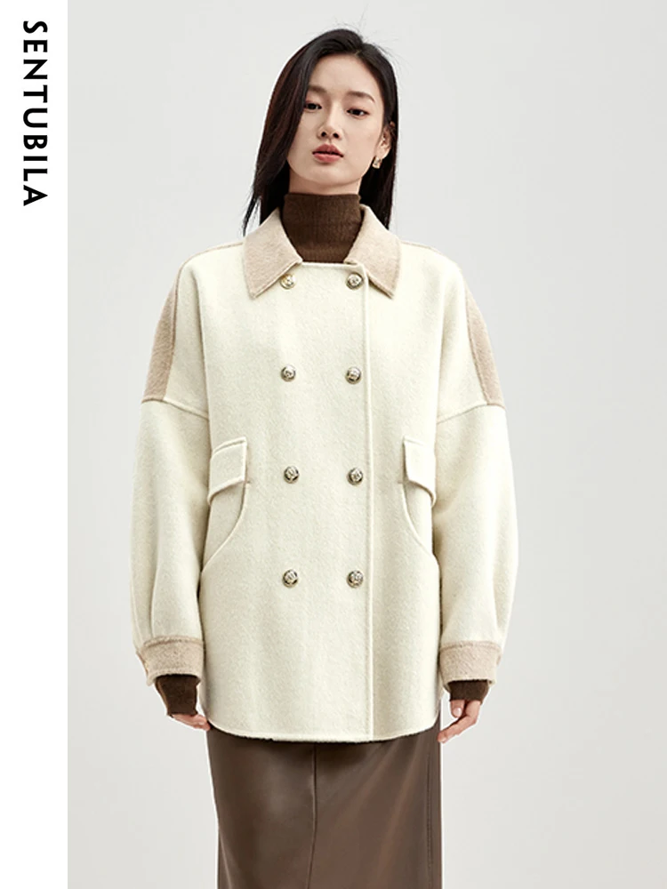 

SENTUBILA Winter 100% Wool Mid Length Double Sided Woolen Coat Woman 2023 Autumn Elegant Double Breasted Wool Jacket W34O49783